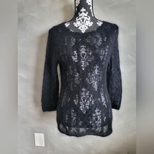 Ralph Lauren Black Sheer Cable Knit Mohair Polyester Blend Crewneck Sweater Sz M